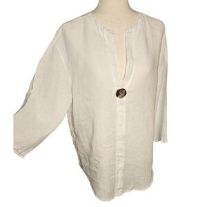 Vintage Made in Italy 100% Linen Y & H Moda, White Tunic with Bronze Button L